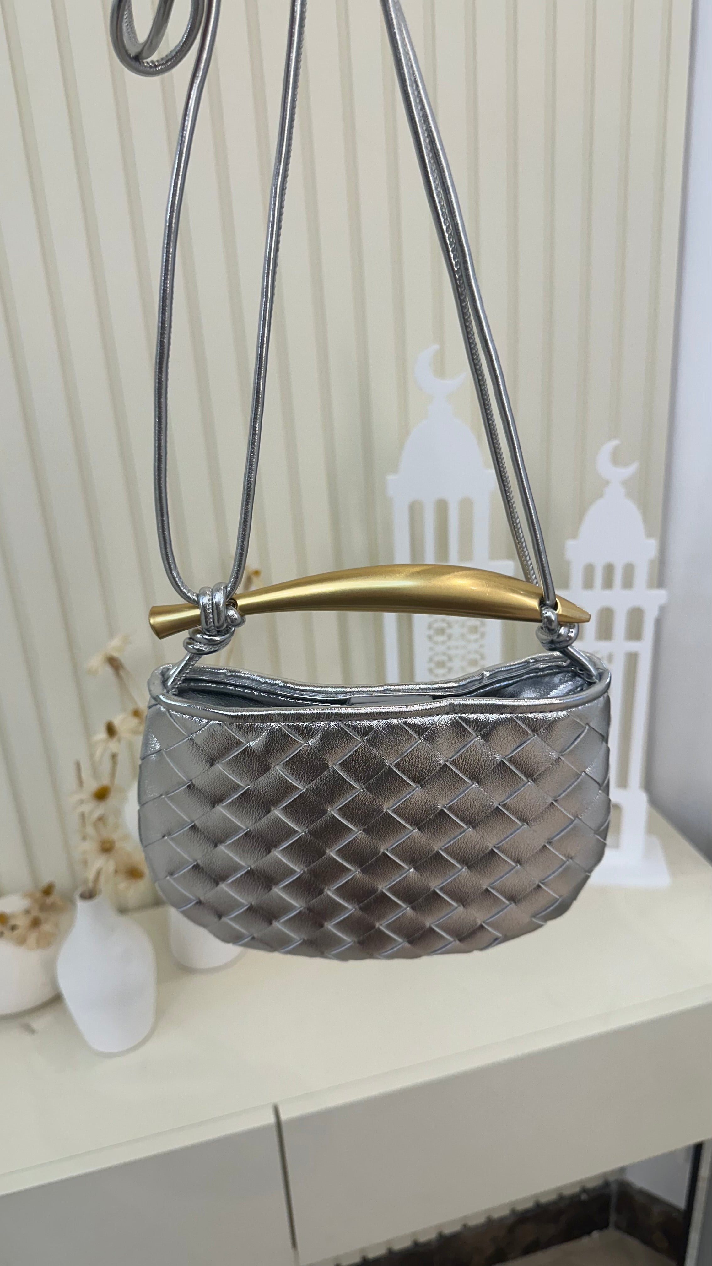 Bottega Sardine Mini Bag Silver Angle View - Luxury Mini Bag | Clear UAE
