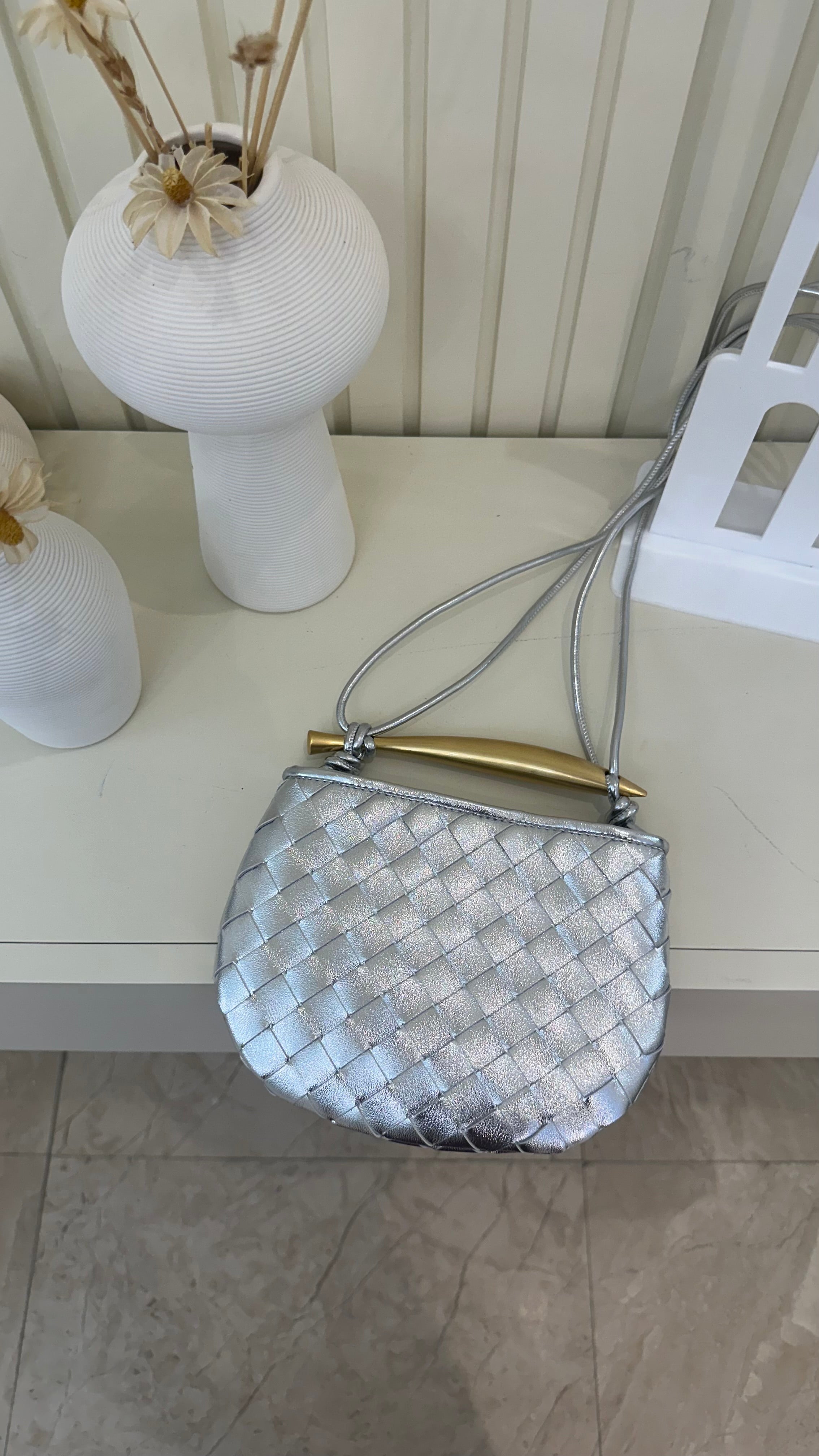 Bottega Sardine Mini Bag Silver Angle View - Luxury Mini Bag | Clear UAE

