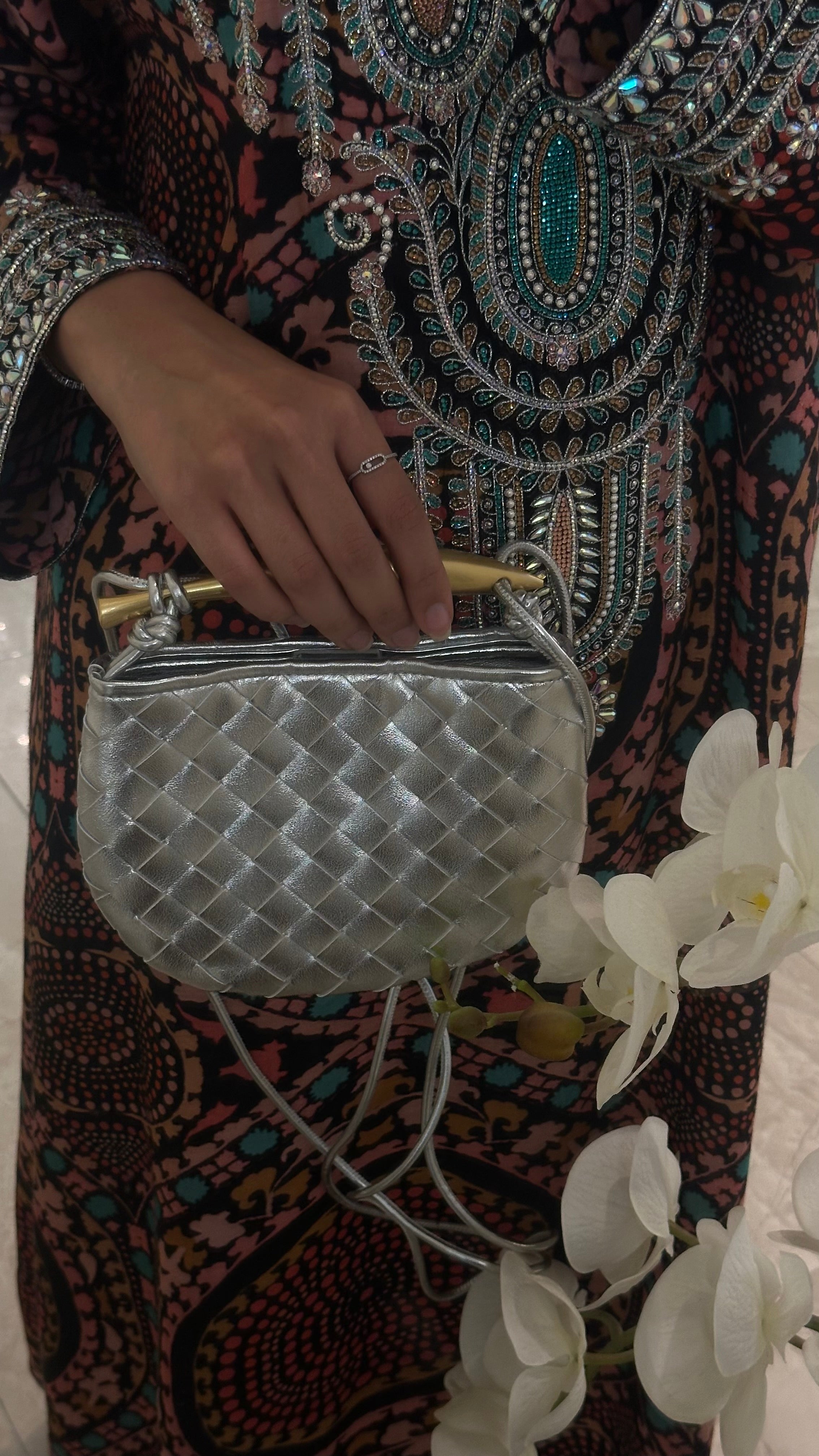 Clear UAE silver Bottega sardine mini bag detail view

