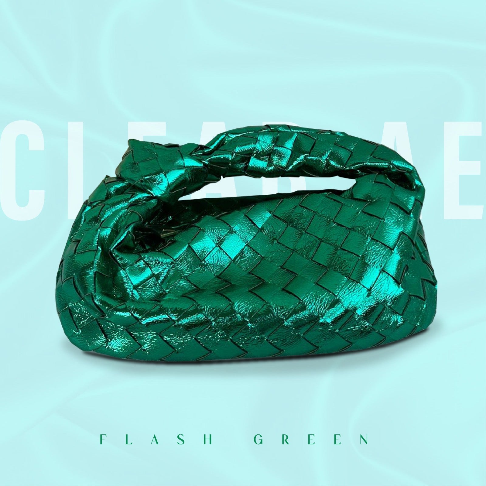 A green leather shoulder bag with a braided pattern, displayed against a turquoise background with the text 'Clear' and 'Flash Green' visible.