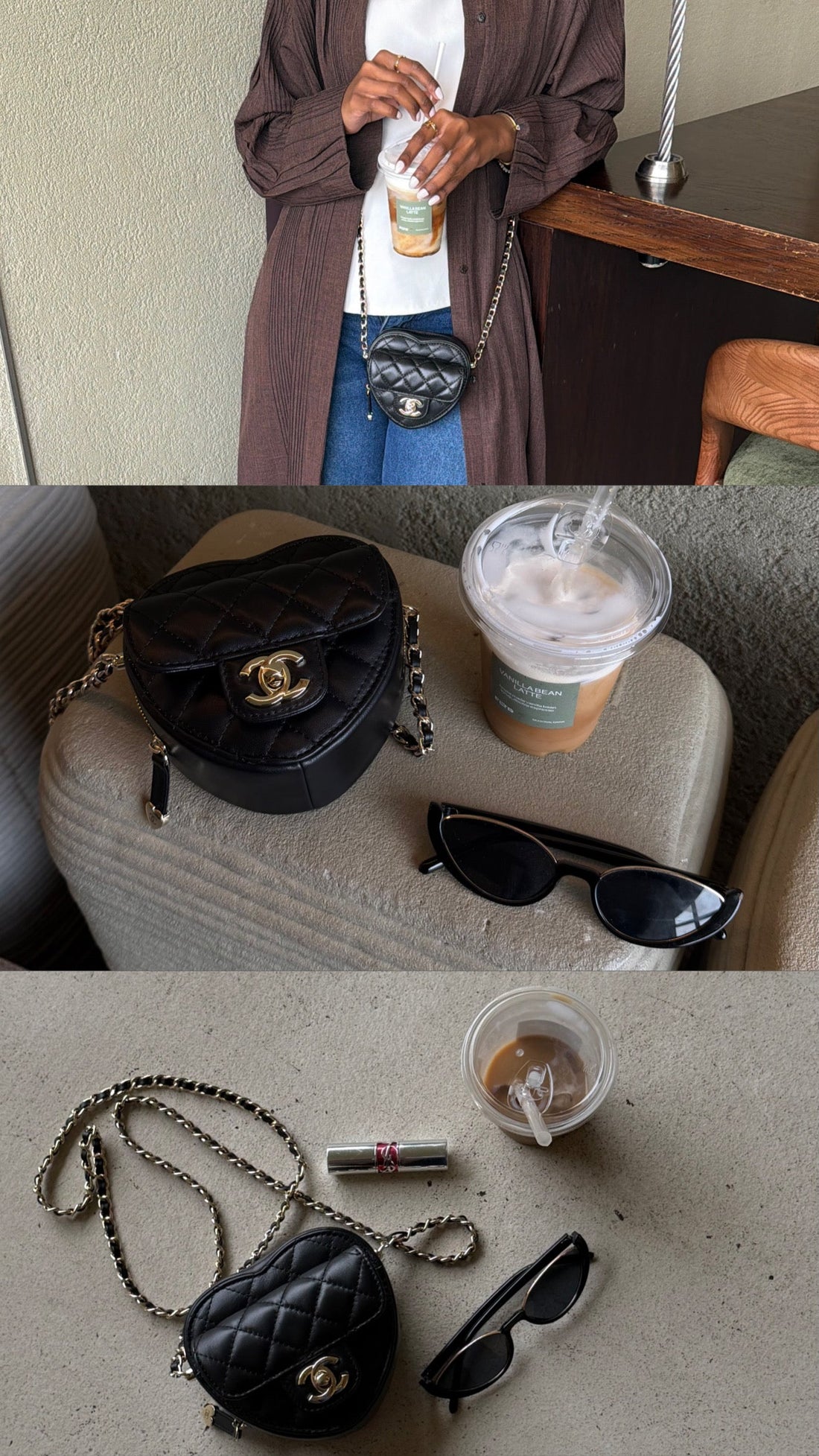 Top photo of a person with a drink and bag, middle photo of a black handbag, sunglasses, and cup on a chair, bottom photo of a black handbag, sunglasses, and cup on a surface.