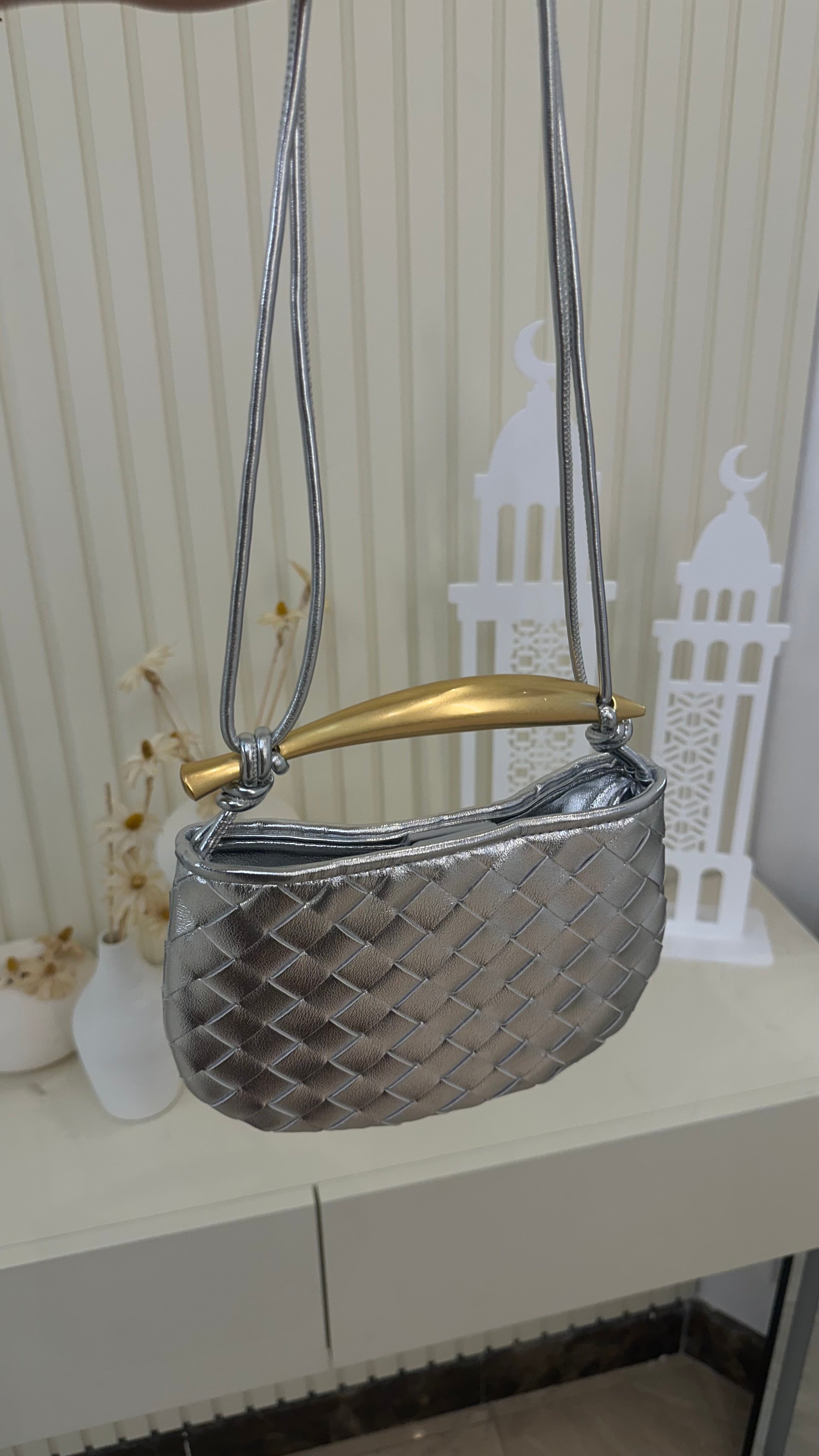 Bottega Sardine Mini Bag Silver Angle View - Luxury Mini Bag | Clear UAE
