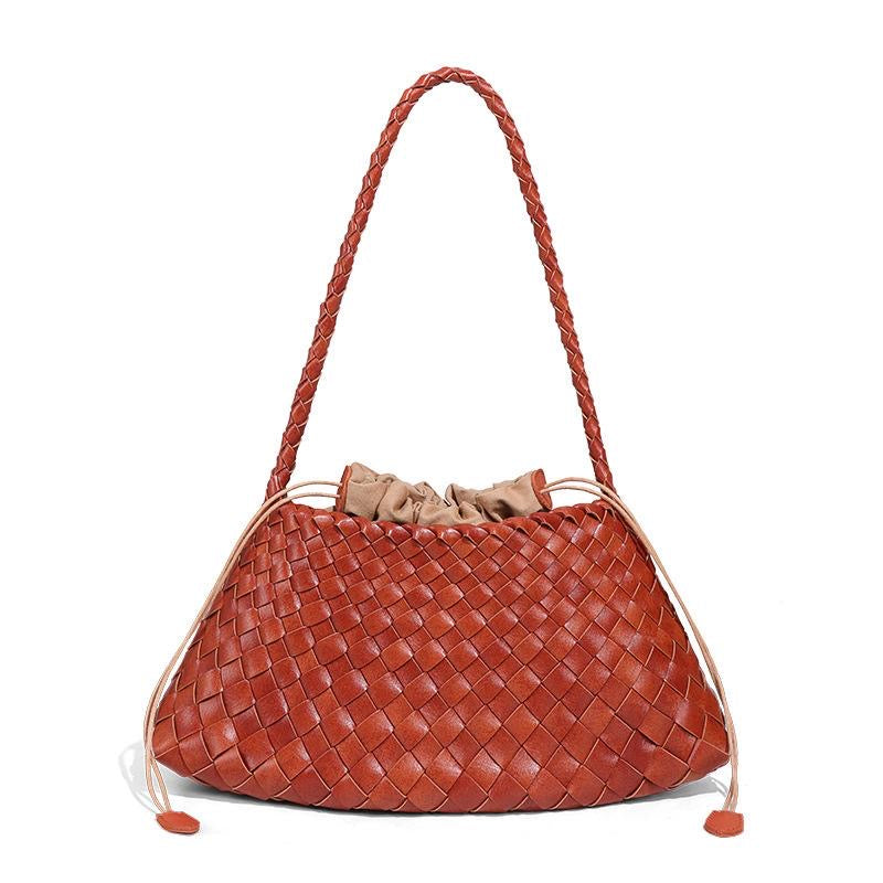 Brown woven handbag with a drawstring on a white background