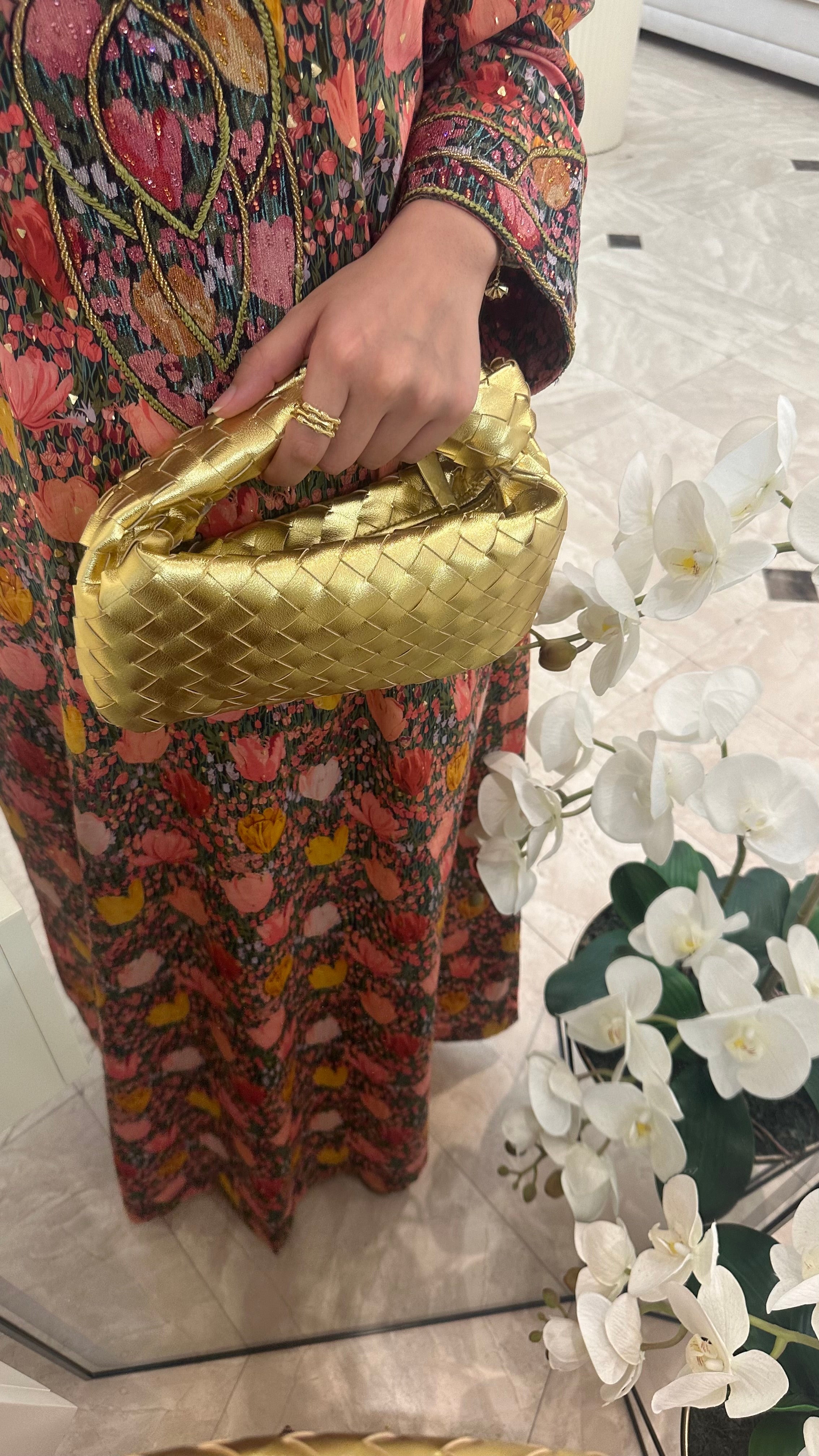 Teen Intrecciato Bag Gold Back View - Woven Bag | Clear UAE
