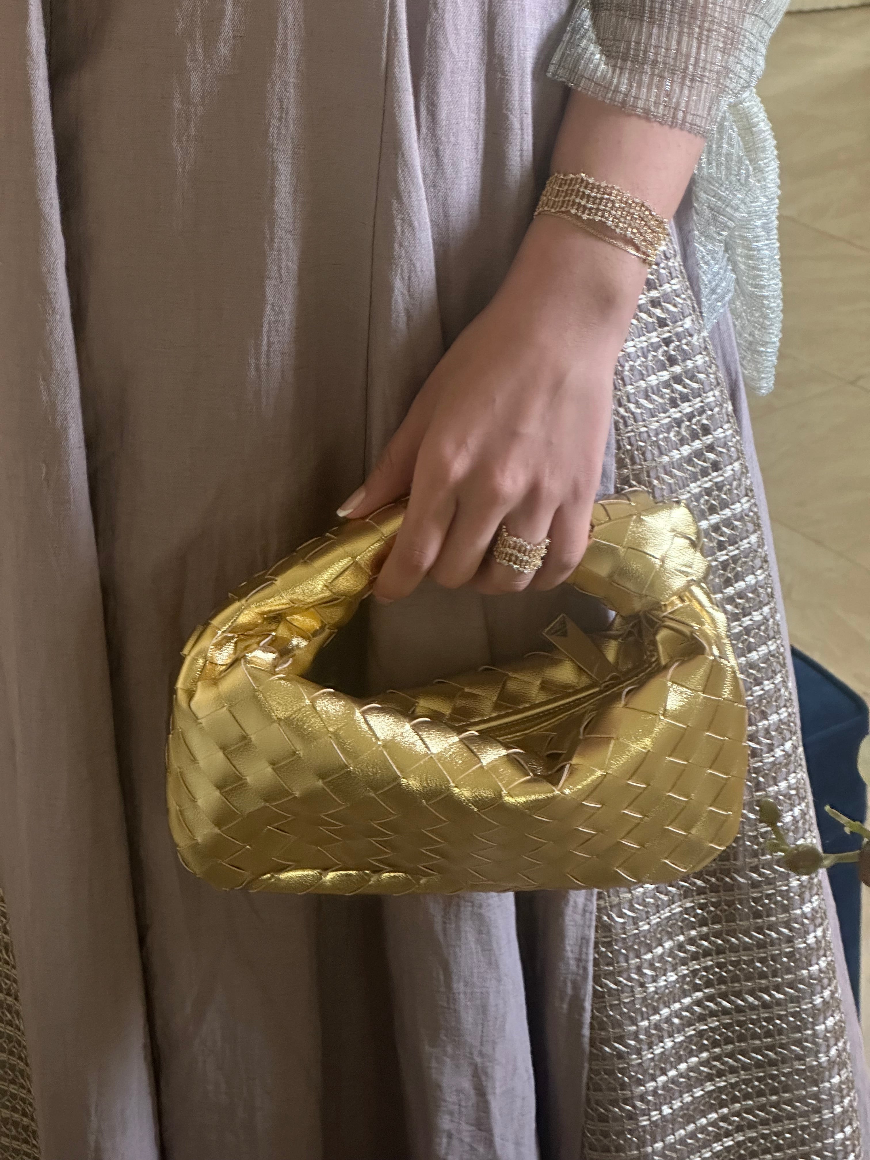 Teen Intrecciato Bag Gold Back View - Woven Bag | Clear UAE
