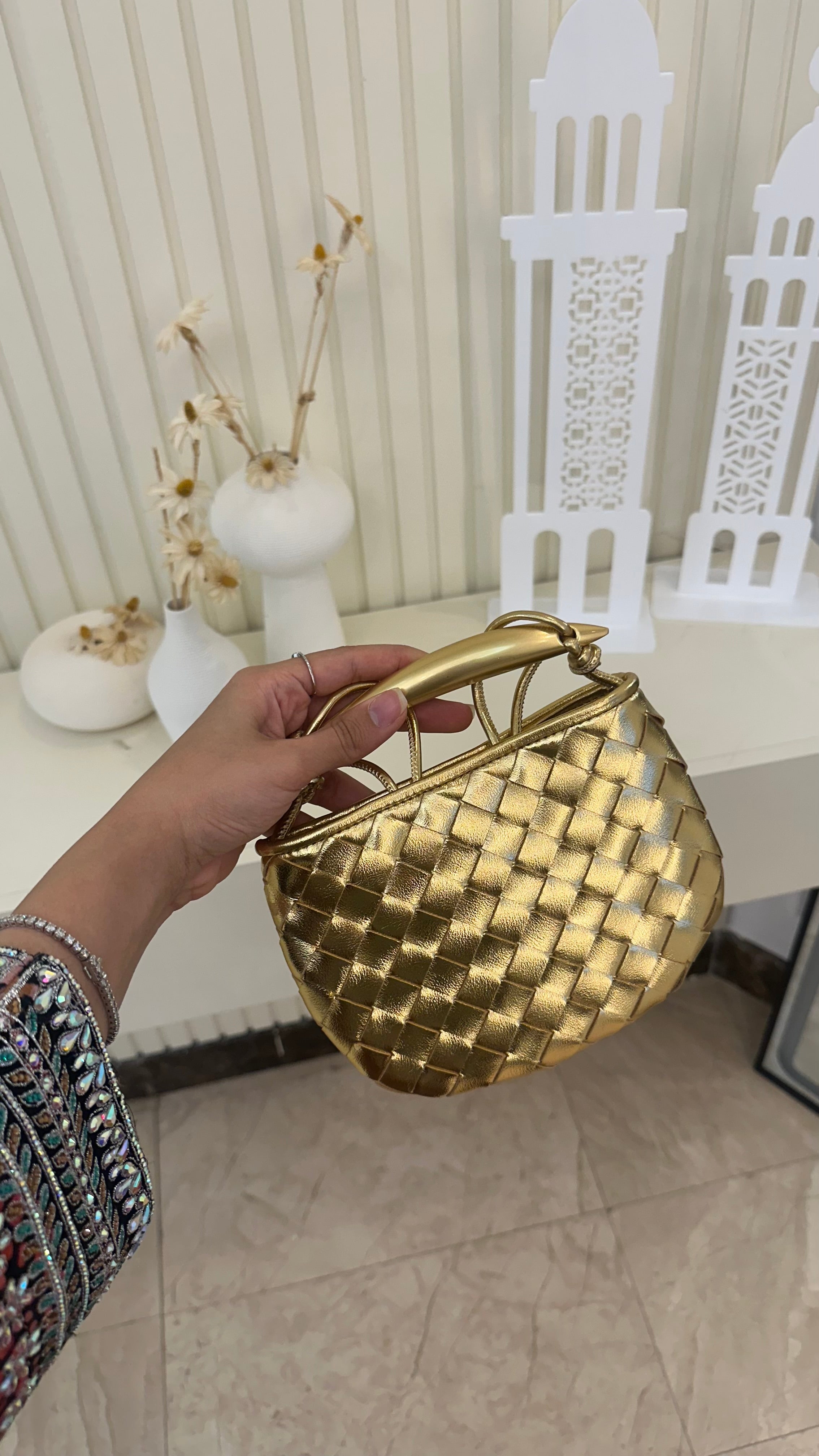 Bottega Sardine Mini Bag in Gold – Luxury Mini Bag UAE | Clear UAE
