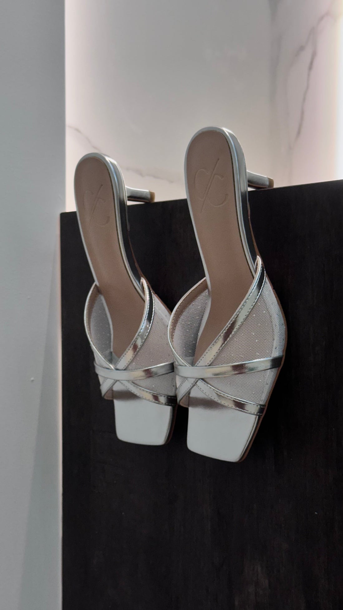 Pair of silver high-heeled shoes on a black stand against a white background