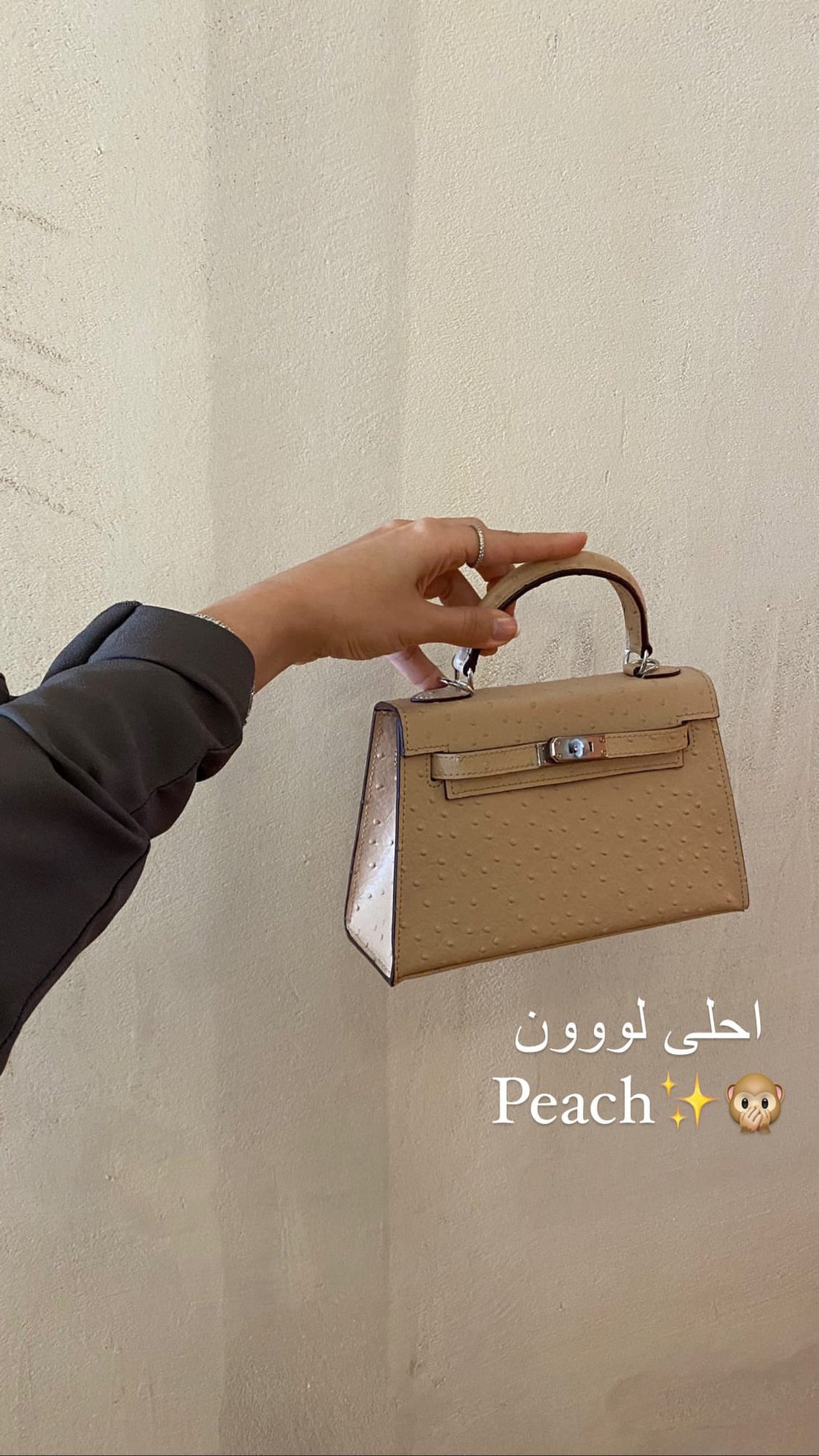 Beige handbag held by a hand against a light background with text 'Peach' and emoji.