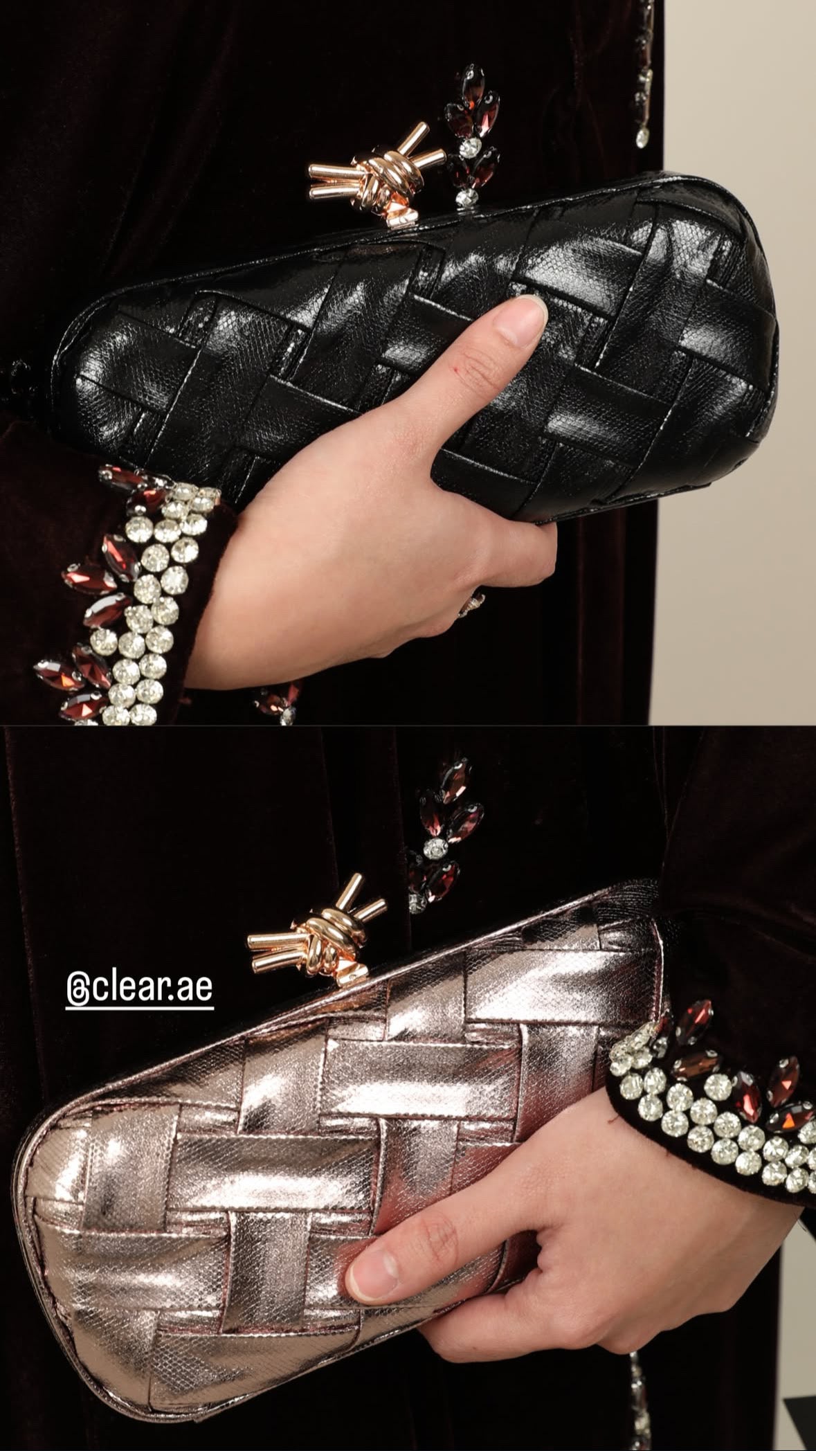 Black and silver woven clutch bags held by a hand, with 'clear.ae' branding.