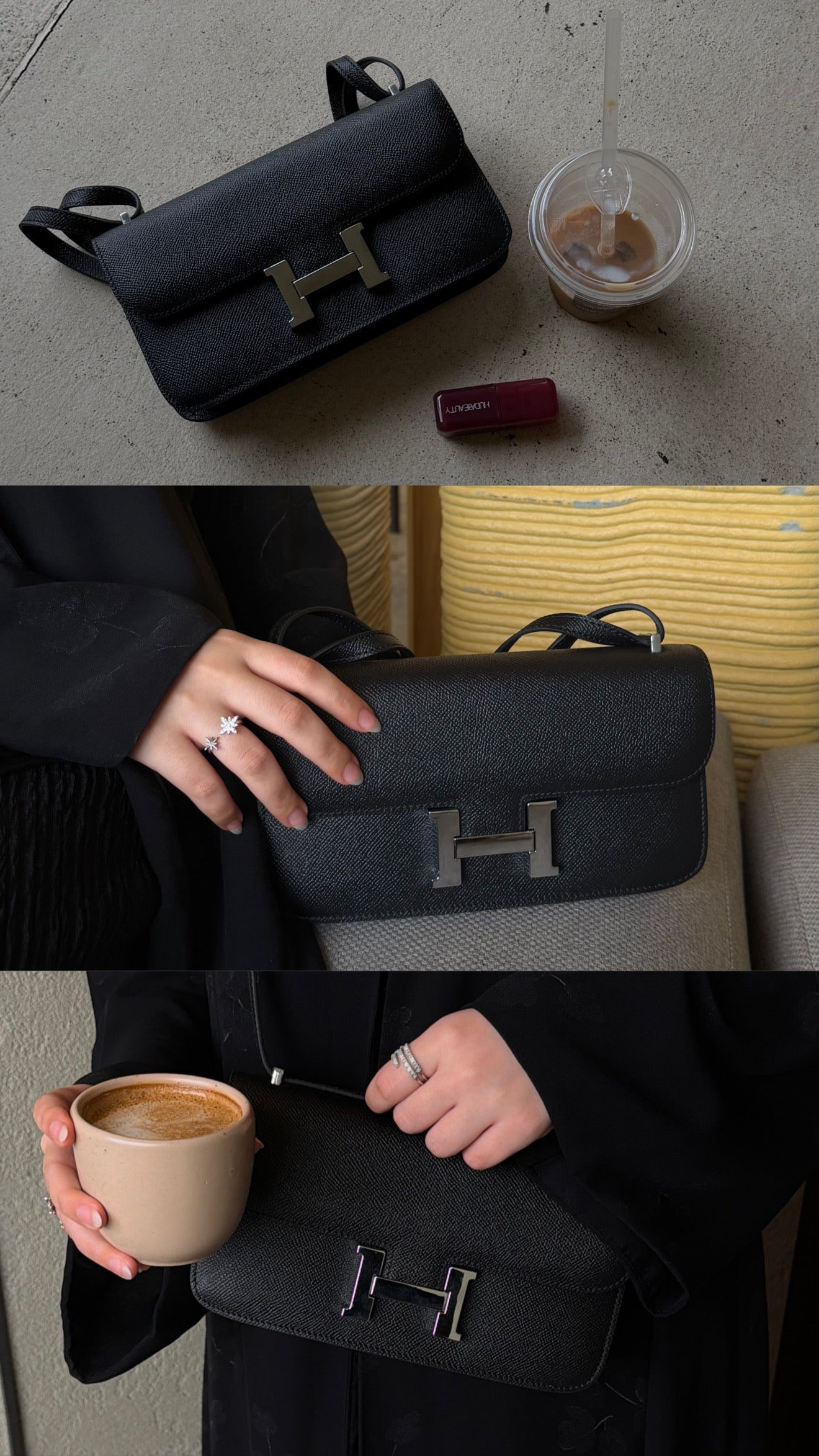Black handbag with silver logo, cup of coffee, and small red item on gray surface.