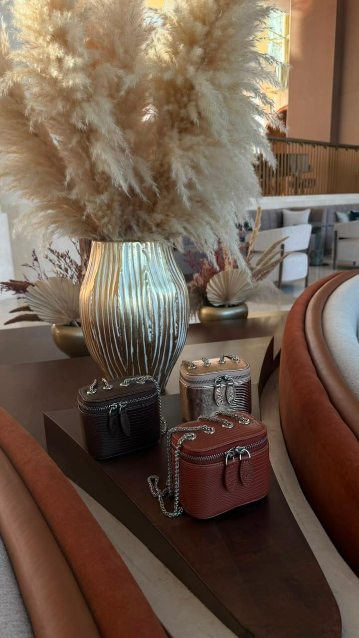 Mini Vanity Chain Bags in black, gold and brown on wooden shelf with pampas grass vase