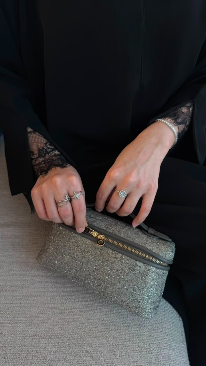 Mini Vanity Chain Bag in Silver – shimmering glitter texture with gold chain strap