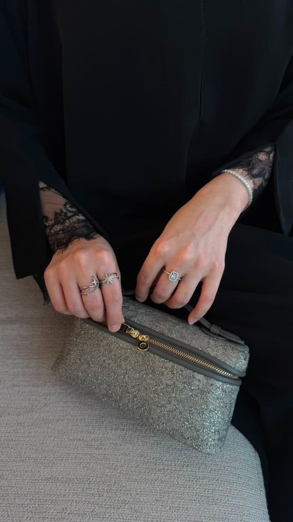 Mini Vanity Chain Bag in Silver – shimmering glitter texture with gold chain strap