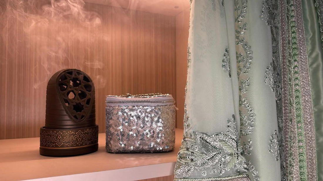 Silver sequin vanity mini bag worn crossbody with teal abaya