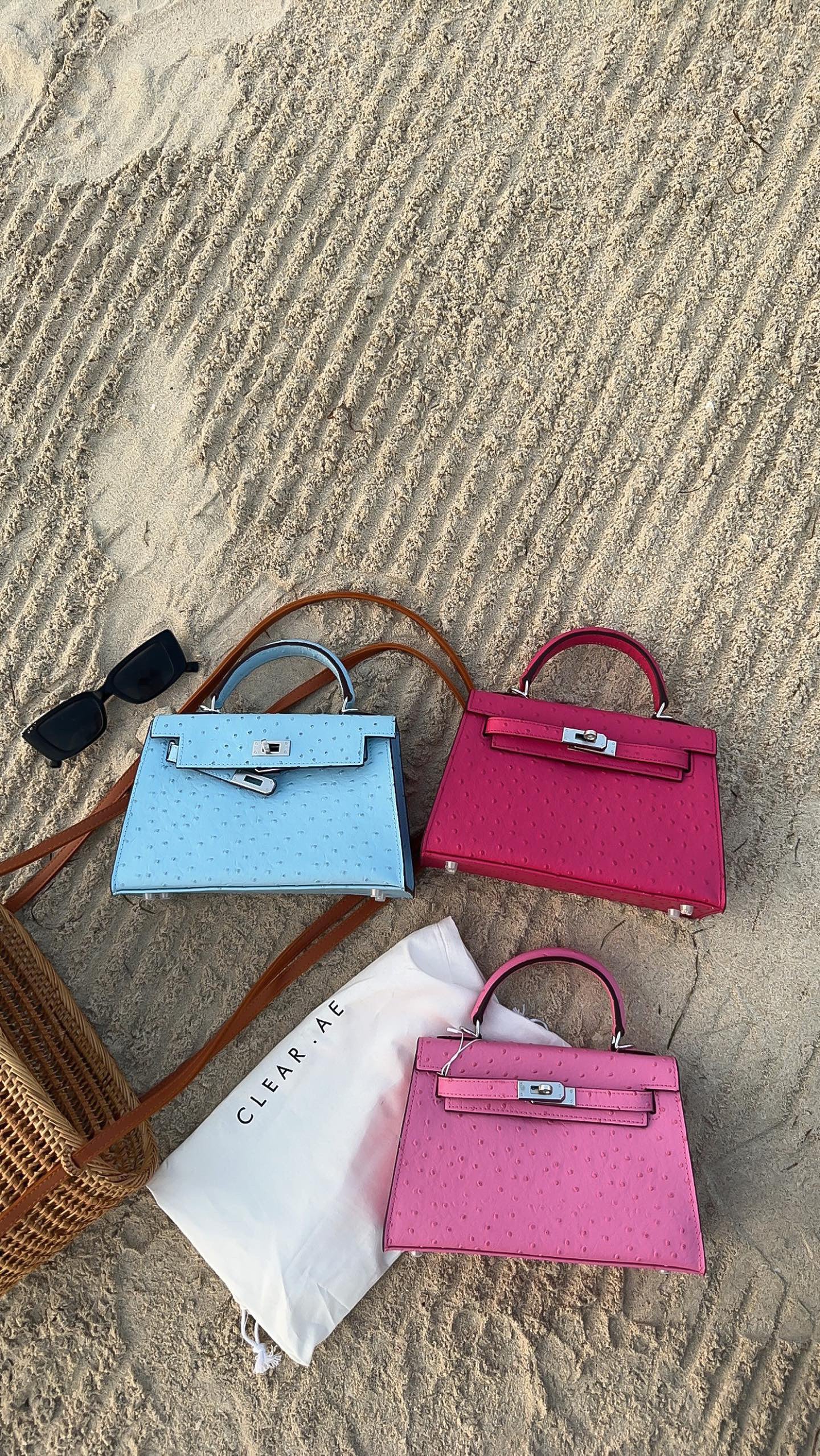 Ostrich Bag Baby Blue Handle Detail - Exotic Leather Bag | Clear UAE
