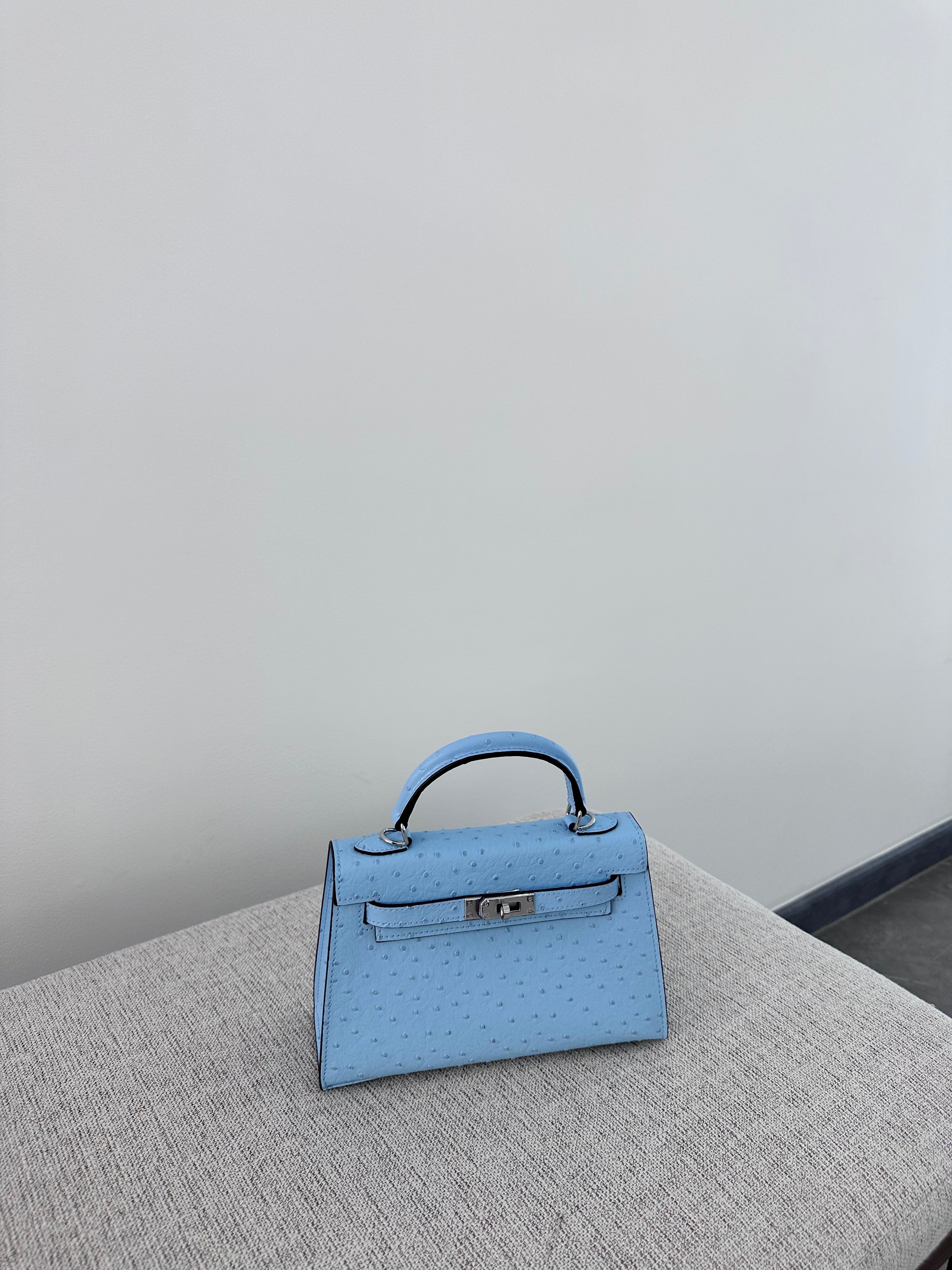 Ostrich Bag Baby Blue Handle Detail - Exotic Leather Bag | Clear UAE
